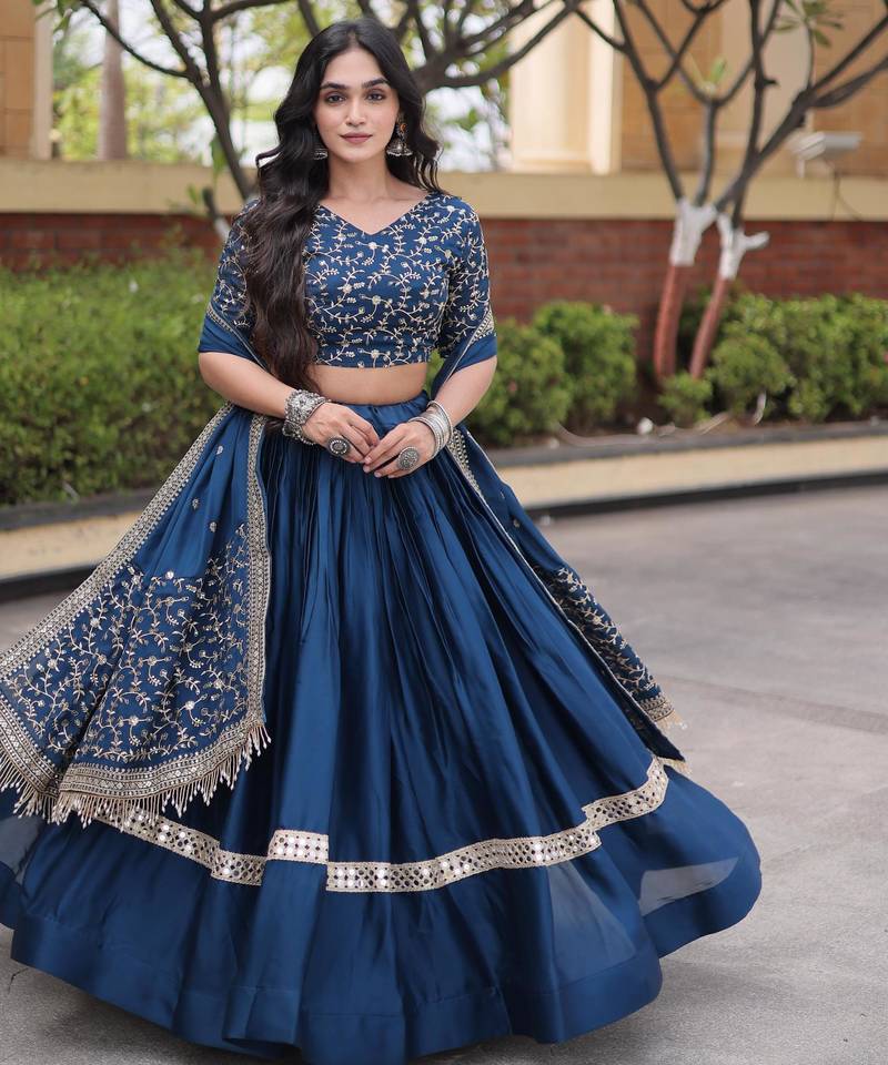 Blue Glori Satin Katchi Zari Embroidery Work Blouse With Flared Lehenga and Dupatta