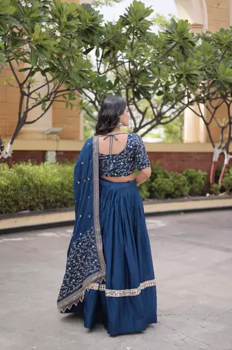 Blue Glori Satin Katchi Zari Embroidery Work Blouse With Flared Lehenga and Dupatta