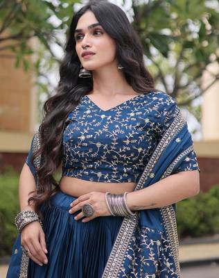 Blue Glori Satin Katchi Zari Embroidery Work Blouse With Flared Lehenga and Dupatta 3