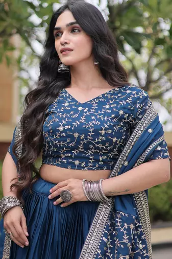 Blue Glori Satin Katchi Zari Embroidery Work Blouse With Flared Lehenga and Dupatta