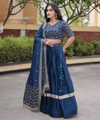 Blue Glori Satin Katchi Zari Embroidery Work Blouse With Flared Lehenga and Dupatta 4