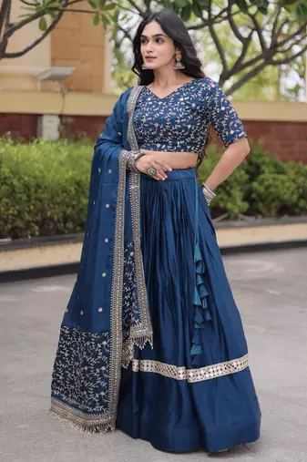 Blue Glori Satin Katchi Zari Embroidery Work Blouse With Flared Lehenga and Dupatta
