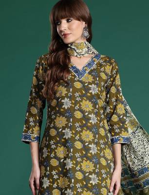 Women Floral Printed Regular Pure Cotton Kurta with Trousers & With Dupatta 3