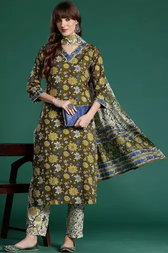 Women Floral Printed Regular Pure Cotton Kurta with Trousers & With Dupatta