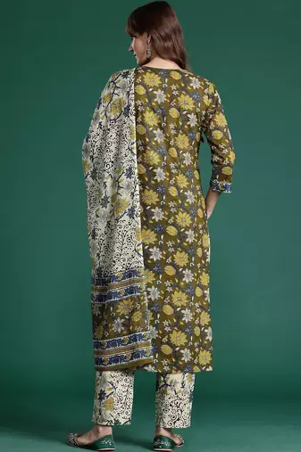 Women Floral Printed Regular Pure Cotton Kurta with Trousers & With Dupatta