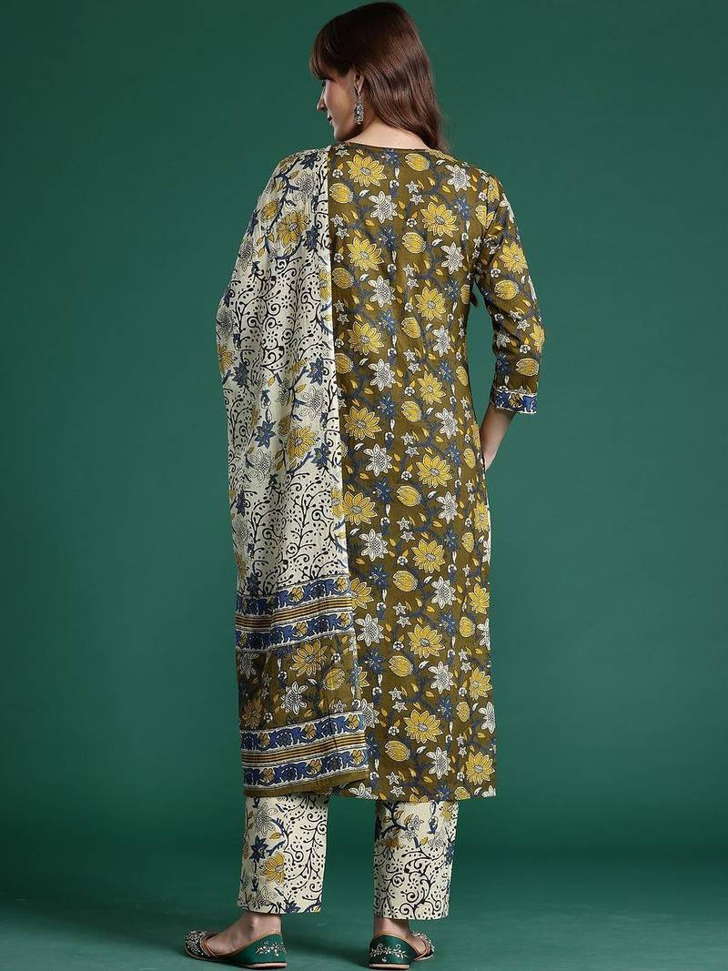 Women Floral Printed Regular Pure Cotton Kurta with Trousers & With Dupatta