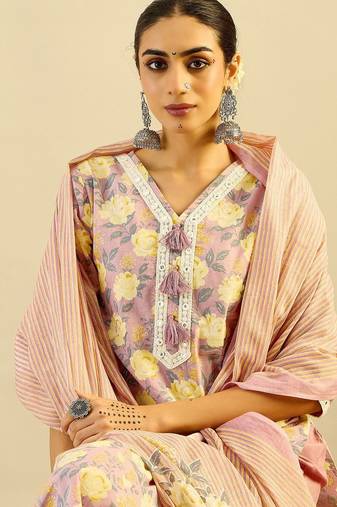 Floral Printed Embellished  Cotton Straight Kurta with Trouser And Dupatta
