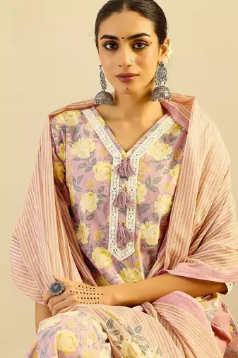 Floral Printed Embellished Pure Cotton Straight Kurta with Trouser And Dupatta
