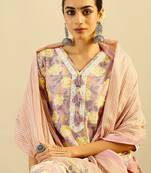 Floral Printed Embellished  Cotton Straight Kurta with Trouser And Dupatta