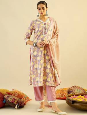 Floral Printed Embellished  Cotton Straight Kurta with Trouser And Dupatta 2