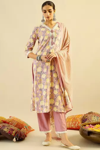 Floral Printed Embellished Pure Cotton Straight Kurta with Trouser And Dupatta