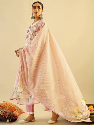 Floral Printed Embellished  Cotton Straight Kurta with Trouser And Dupatta 5