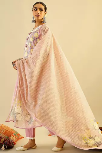 Floral Printed Embellished Pure Cotton Straight Kurta with Trouser And Dupatta