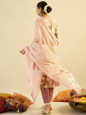 Floral Printed Embellished  Cotton Straight Kurta with Trouser And Dupatta 6