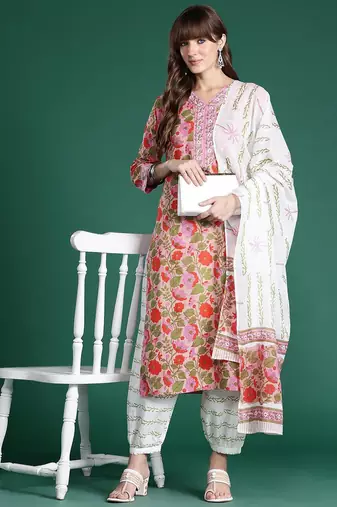 Floral Printed  Cotton Kurta with Salwar & With Dupatta