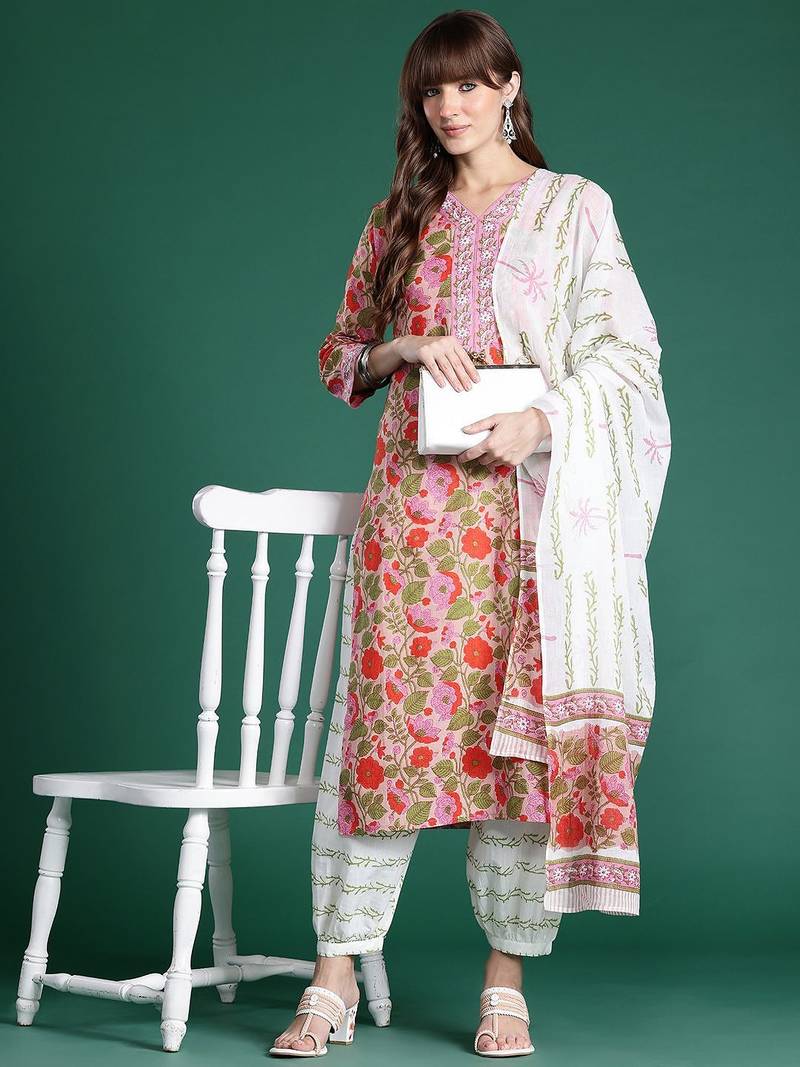 Floral Printed Pure Cotton Kurta with Salwar & With Dupatta