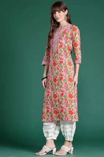 Floral Printed  Cotton Kurta with Salwar & With Dupatta