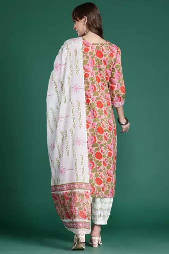 Floral Printed  Cotton Kurta with Salwar & With Dupatta