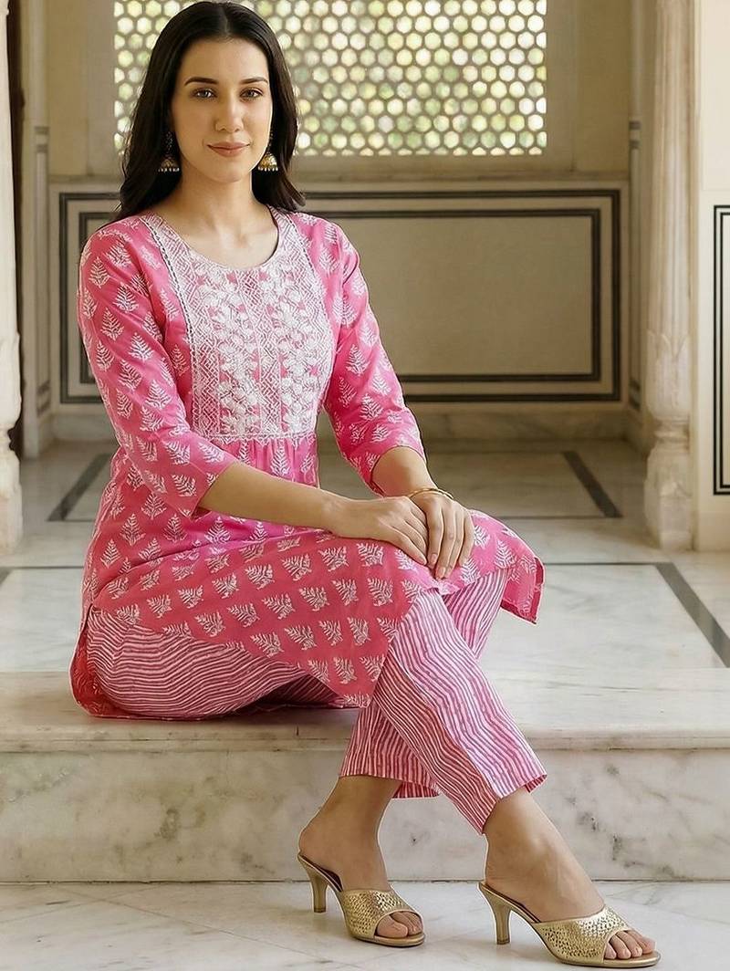 Women Ethnic Motifs Printed Regular Thread Work Kurta with Trousers