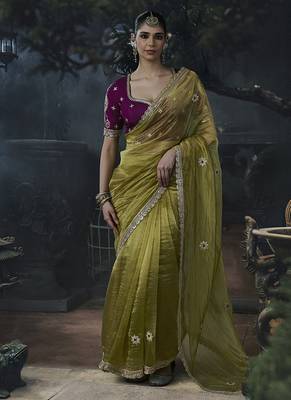 Olive green tissue silk blend embroidered saree with magenta purple  blouse 1