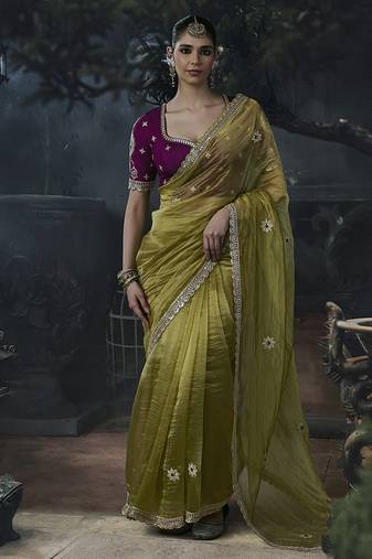 Olive green tissue silk blend embroidered saree with magenta purple  blouse