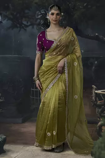 Olive green tissue silk blend embroidered saree with magenta purple  blouse