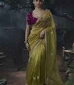 Olive green tissue silk blend embroidered saree with magenta purple  blouse