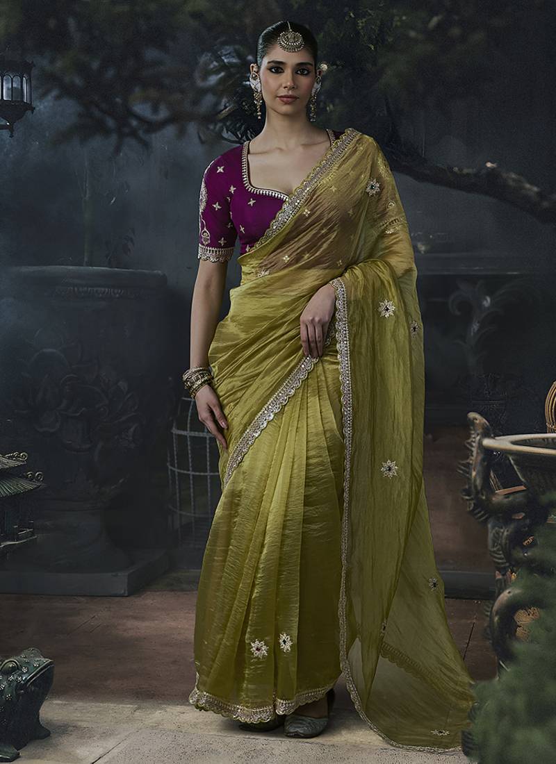 Olive green tissue silk blend embroidered saree with magenta purple  blouse