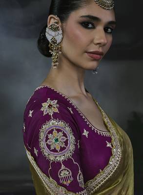 Olive green tissue silk blend embroidered saree with magenta purple  blouse 2