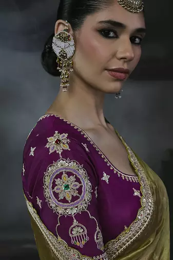 Olive green tissue silk blend embroidered saree with magenta purple  blouse