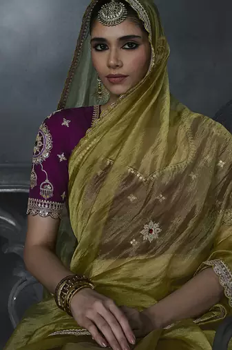 Olive green tissue silk blend embroidered saree with magenta purple  blouse