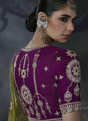 Olive green tissue silk blend embroidered saree with magenta purple  blouse 4