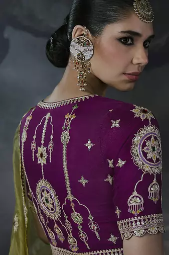 Olive green tissue silk blend embroidered saree with magenta purple  blouse