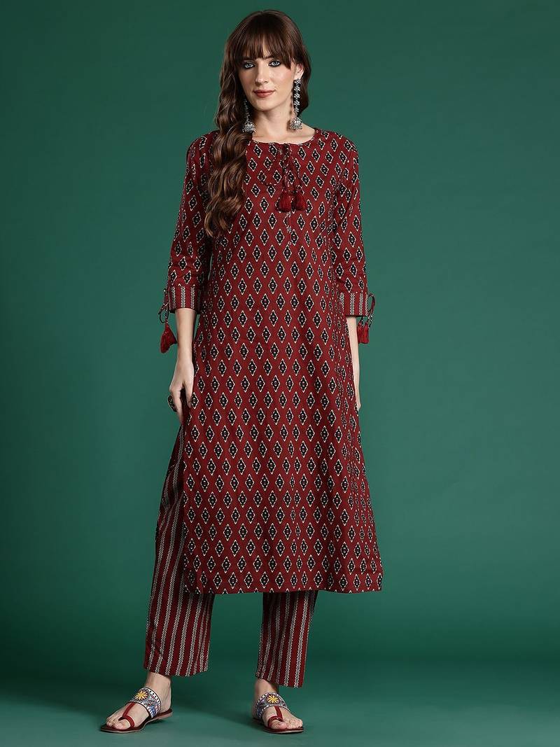 Ethnic Motifs Printed Pure Cotton Kurta with Trousers