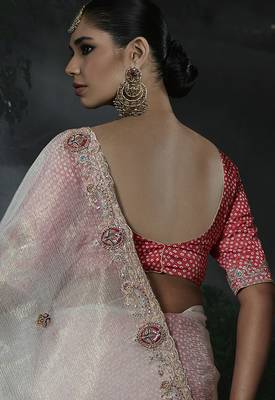 Off-white tissue silk blend embroidered saree with pink blouse 3