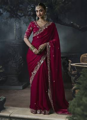 Raspberry tissue silk blend embroidered saree with blouse 1