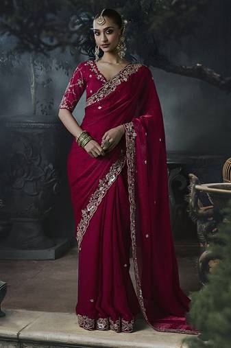 Raspberry tissue silk blend embroidered saree with blouse