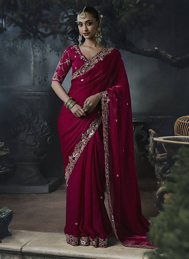 Raspberry tissue silk blend embroidered saree with blouse