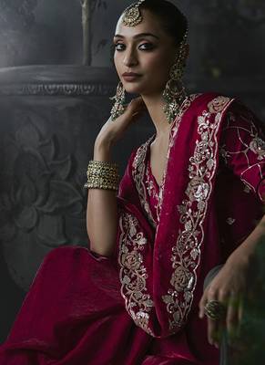 Raspberry tissue silk blend embroidered saree with blouse 2