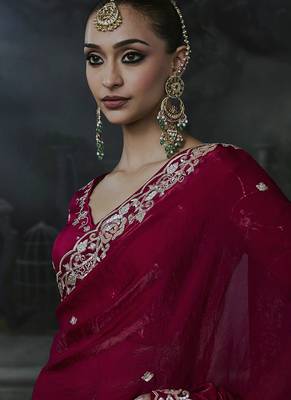 Raspberry tissue silk blend embroidered saree with blouse 3