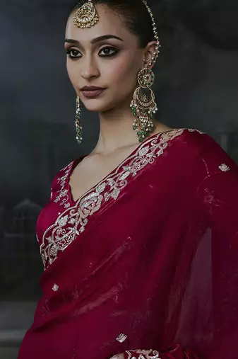 Raspberry tissue silk blend embroidered saree with blouse