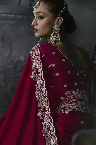 Raspberry tissue silk blend embroidered saree with blouse