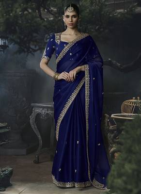 Royal blue tissue silk blend embroidered saree with blouse 1