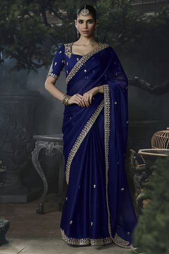 Royal blue tissue silk blend embroidered saree with blouse