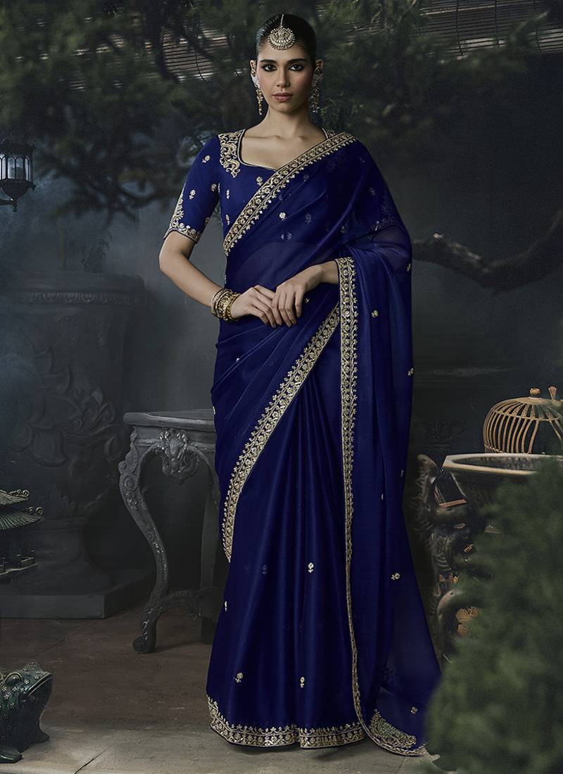 Royal blue tissue silk blend embroidered saree with blouse