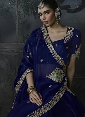 Royal blue tissue silk blend embroidered saree with blouse 3