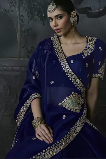 Royal blue tissue silk blend embroidered saree with blouse