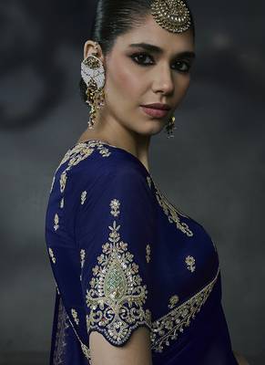 Royal blue tissue silk blend embroidered saree with blouse 4