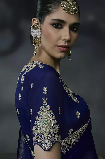 Royal blue tissue silk blend embroidered saree with blouse