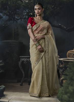 Beige tissue silk blend embroidered saree with red blouse 1